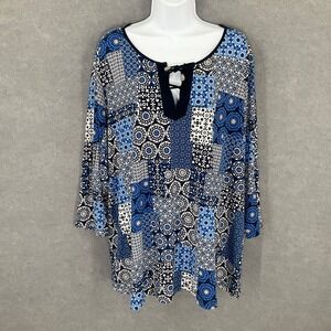 Susan Graver Top Womenks‎ 3X Blue White Patchwork Print Lace-Up Neck Long Sleeve